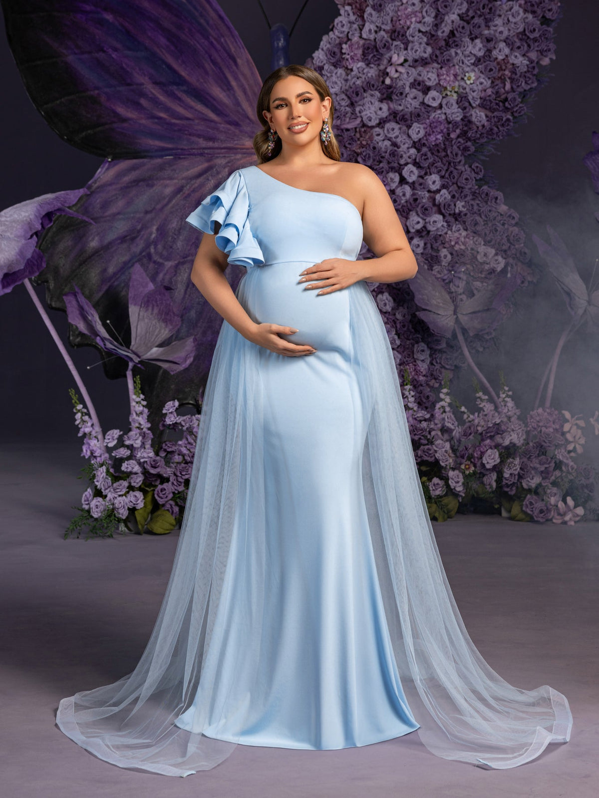 Maternity Plus Evening Gown with Asymmetrical Ruffle Neckline & Tulle Light Blue / 4XL Maternity Plus Evening Gown with Asymmetrical Ruffle Neckline & Tulle Light Blue / 4XL