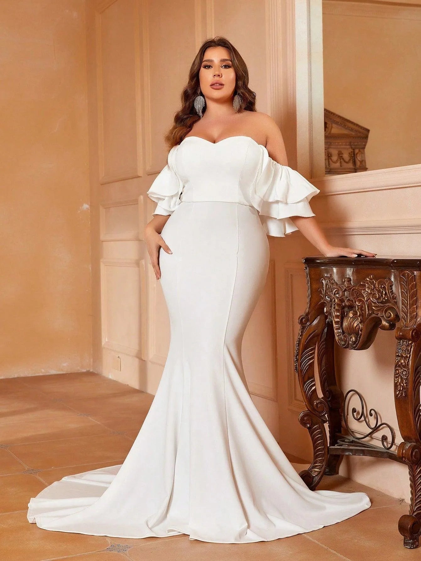 Plus Off Shoulder Ruffle Sleeve Mermaid Wedding Dress - Elonnashop