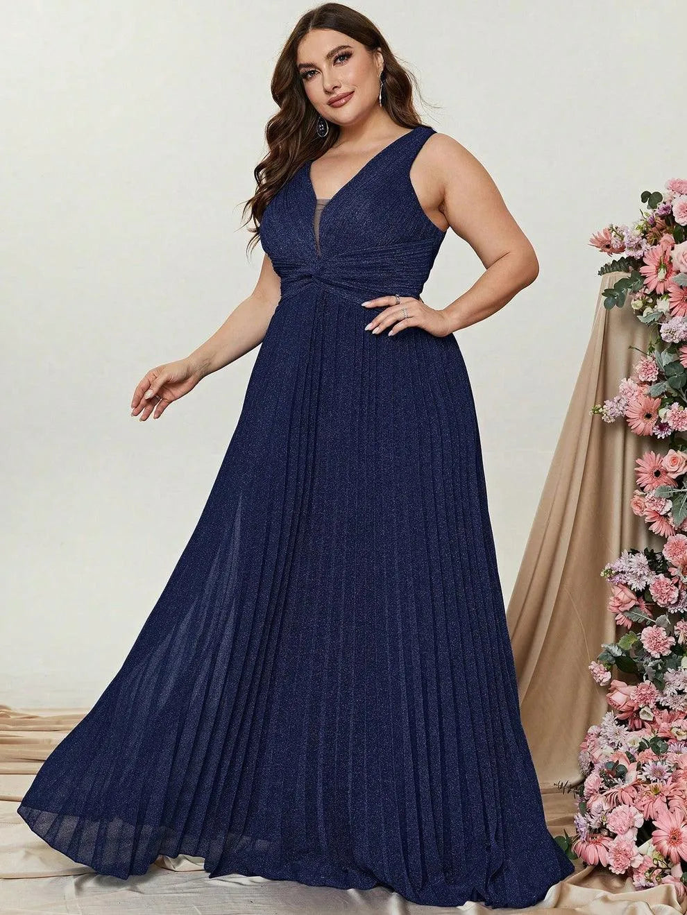 Plus Glitter V Neck Sleeveless Maxi A Line Pleated Gown - Elonnashop