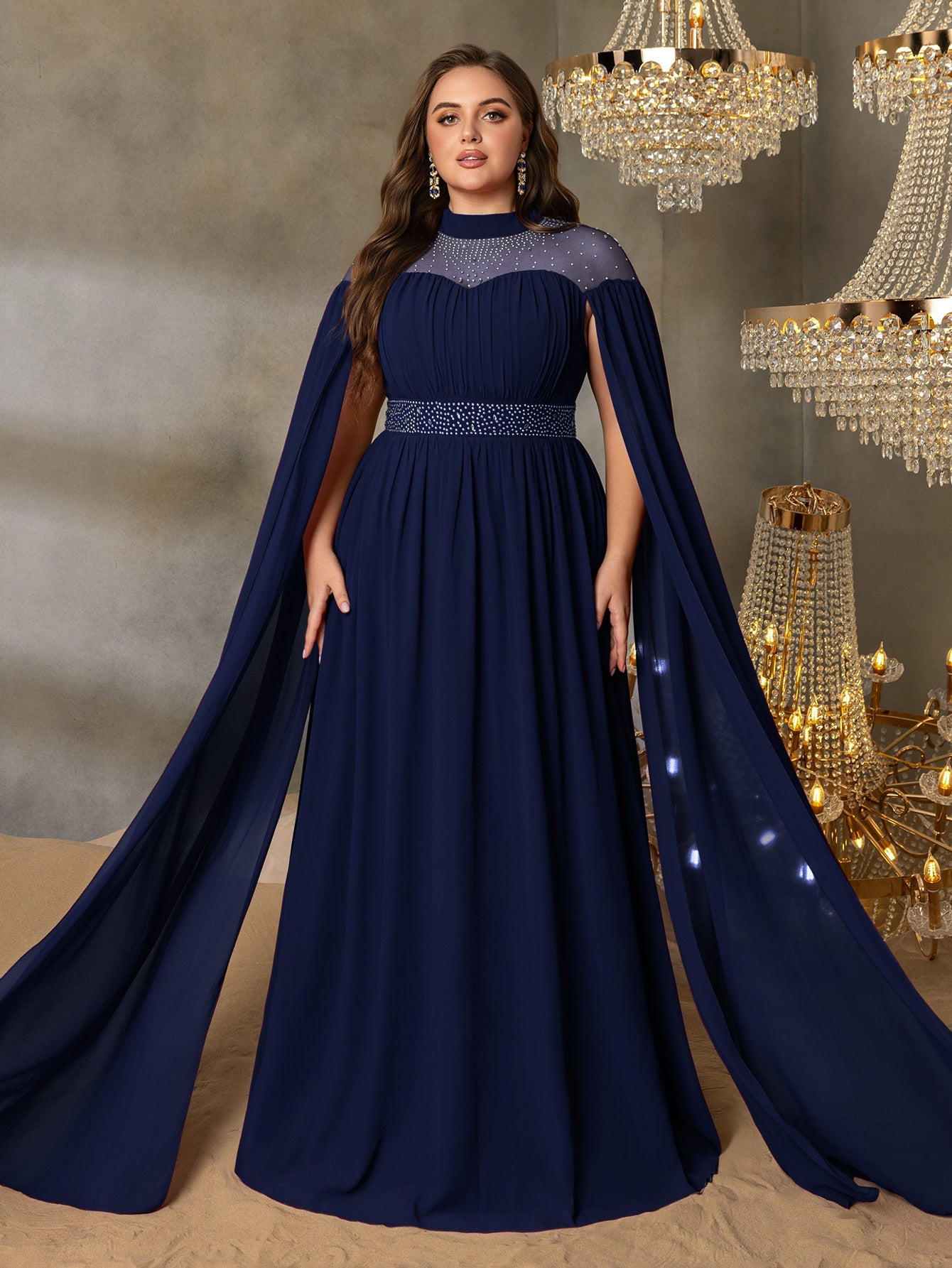 Plus Dramatic Cape Evening Dress | High Neck Chiffon with Rhinestone Details