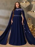 Plus Dramatic Cape Evening Dress | High Neck Chiffon with Rhinestone Detail
