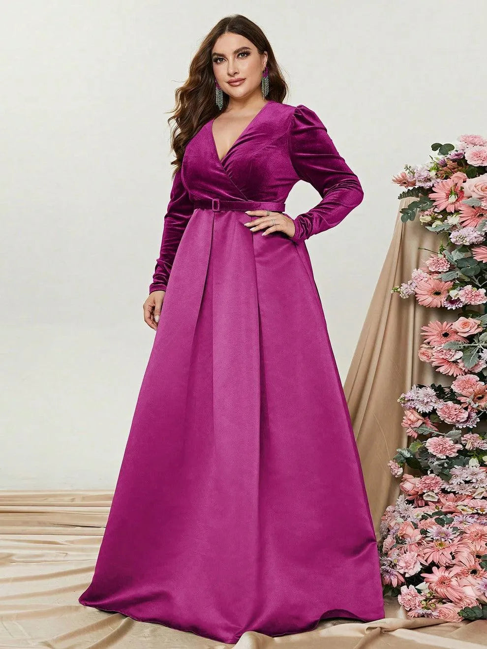 Plus V Neck Long Sleeve Belted Satin A Line Dress - Elonnashop