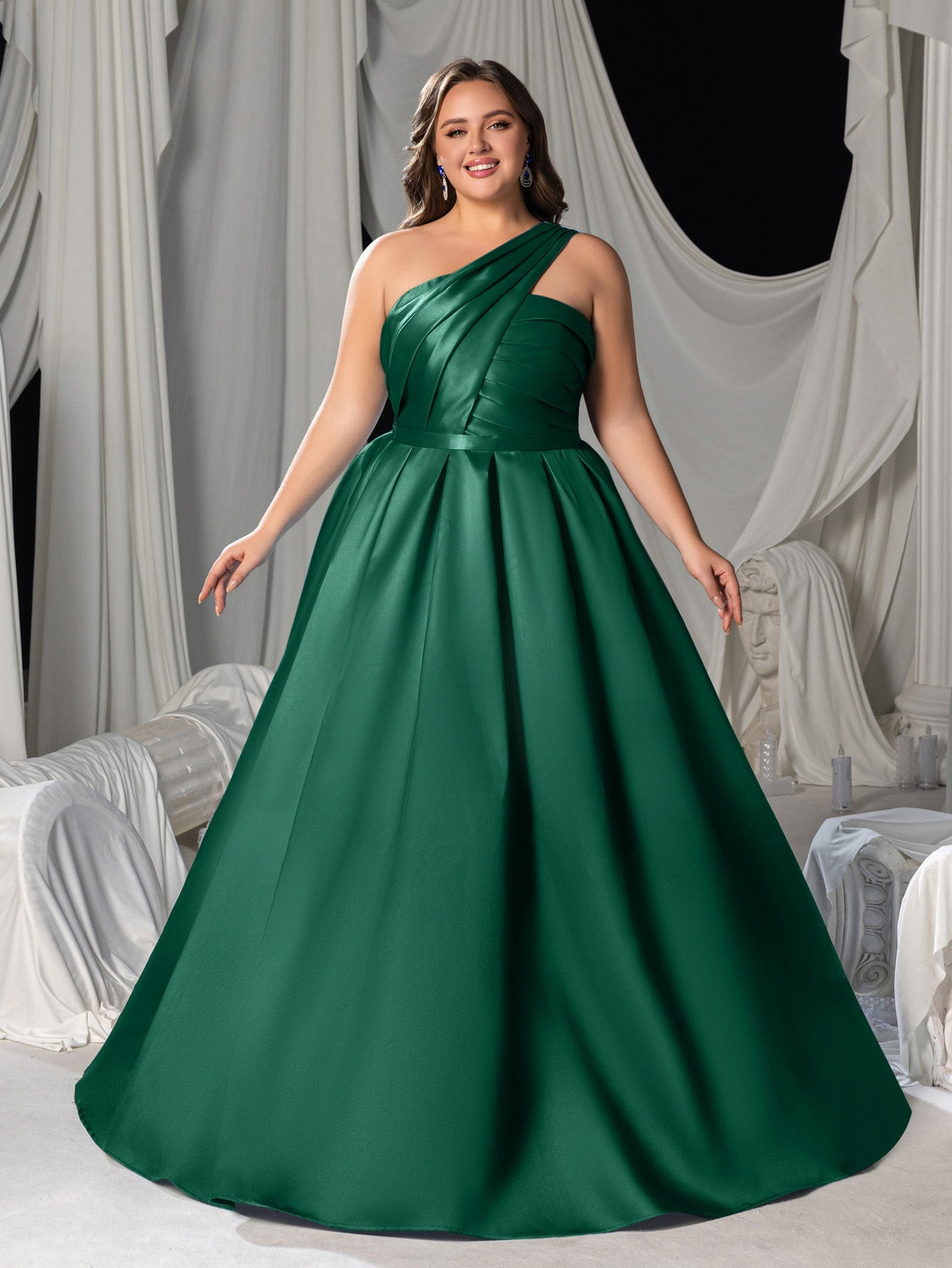 green pleated one shoulder dress Olive Green Satin Dress - Pleated Maxi Dress - One-Shoulder Dress