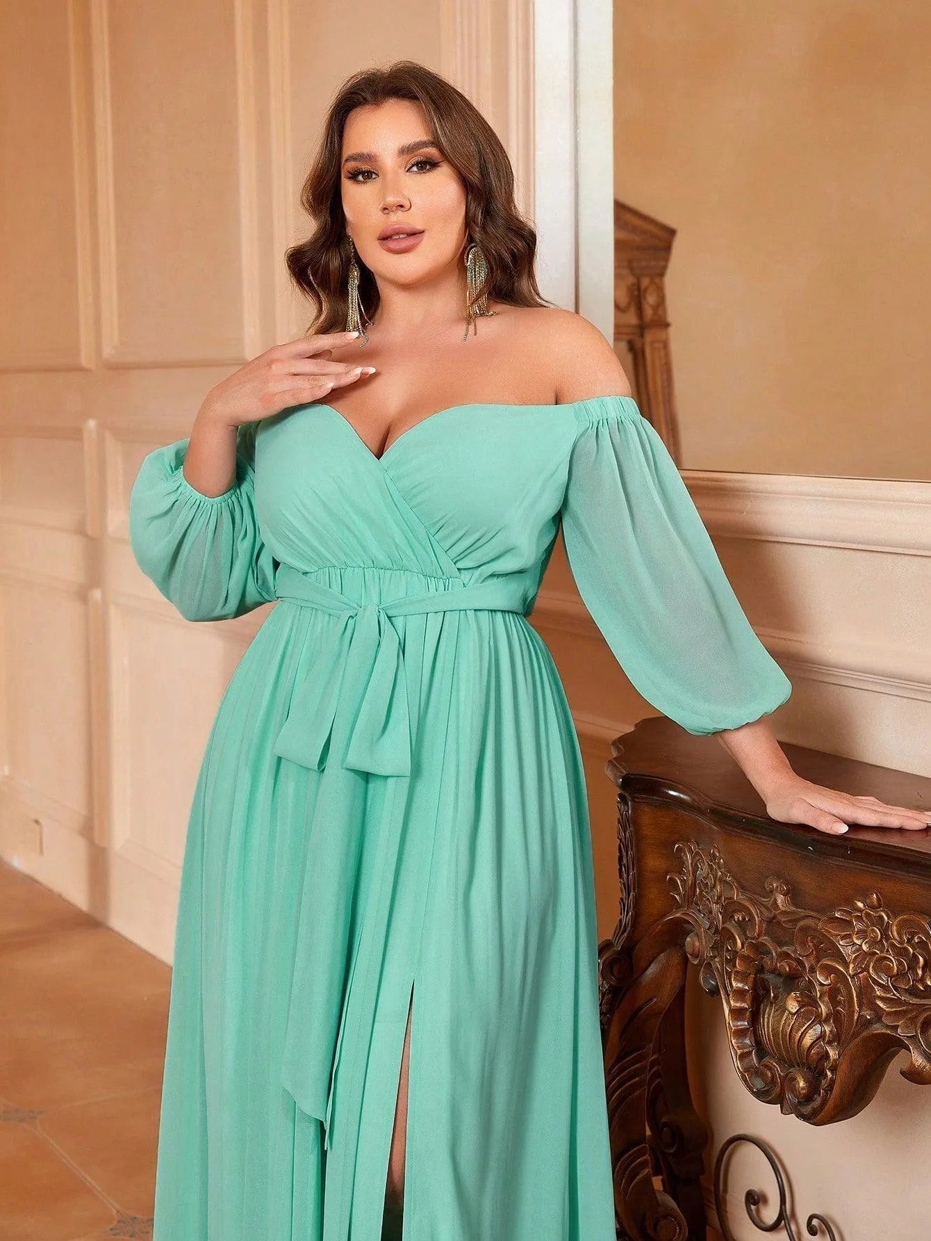 Plus Off Shoulder Split Thigh Belted Chiffon A Line Dress - Elonnashop