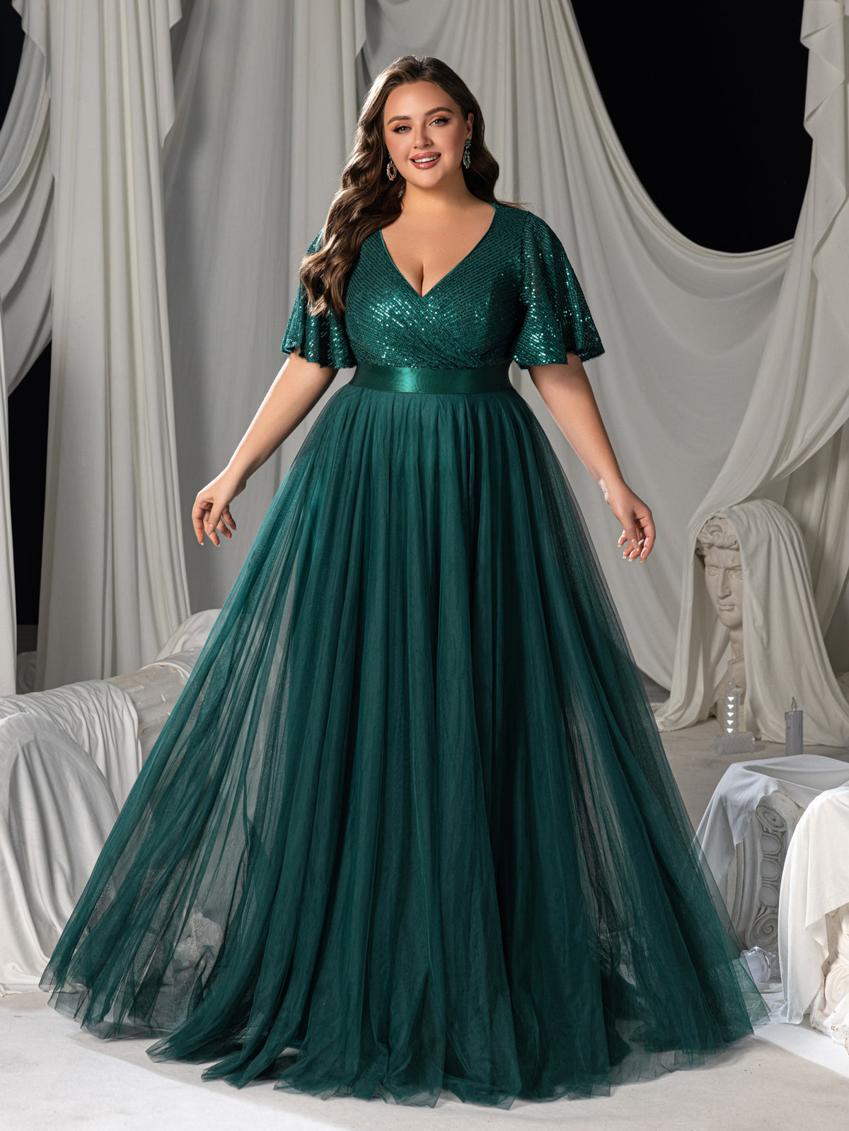 Plus Elegant Surplice Neck Butterfly Sleeves Sequin Evening Dress