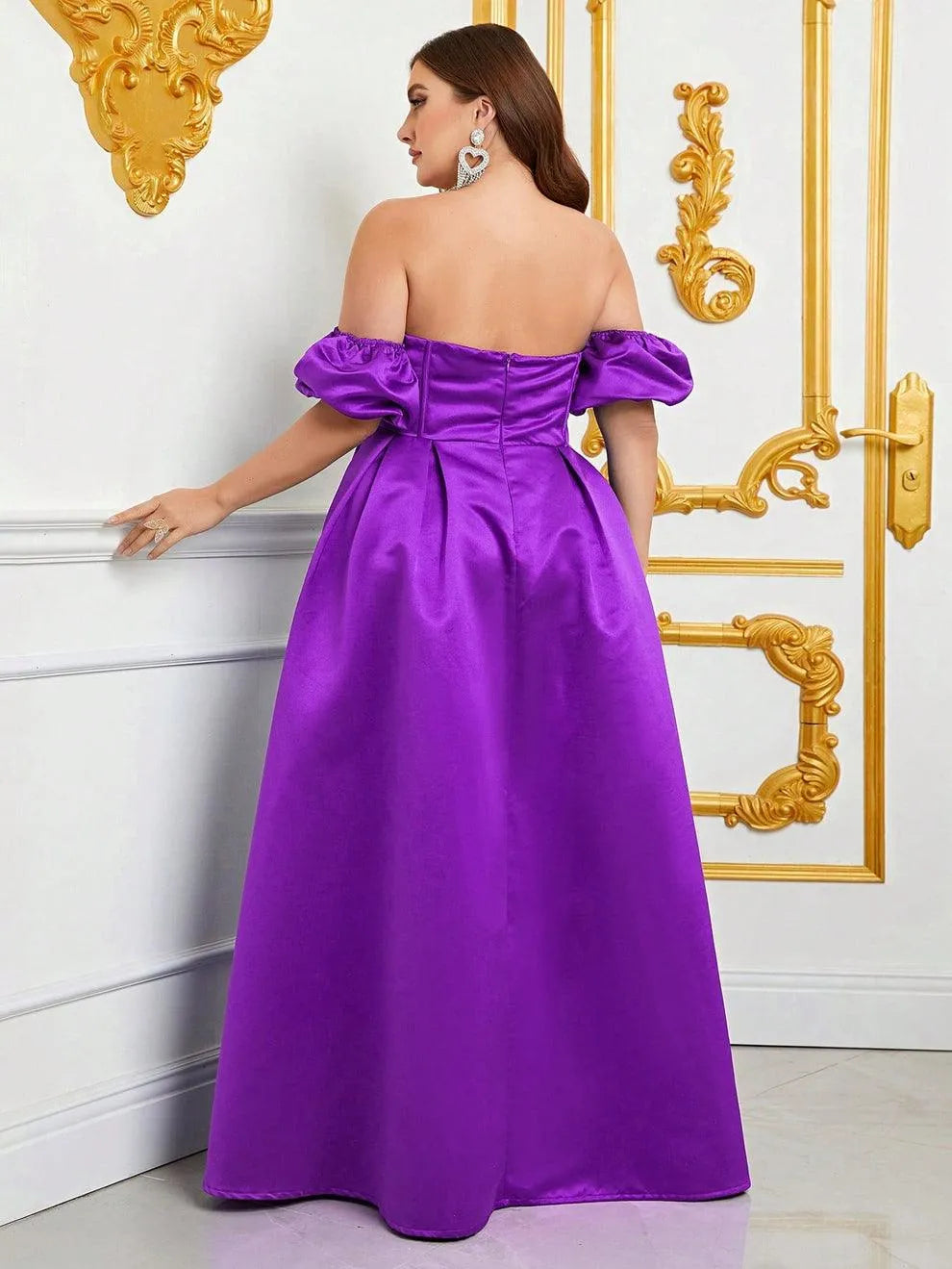 Plus Off Shoulder Puff Sleeves Ruched Bust Satin Prom Dress - Elonnashop