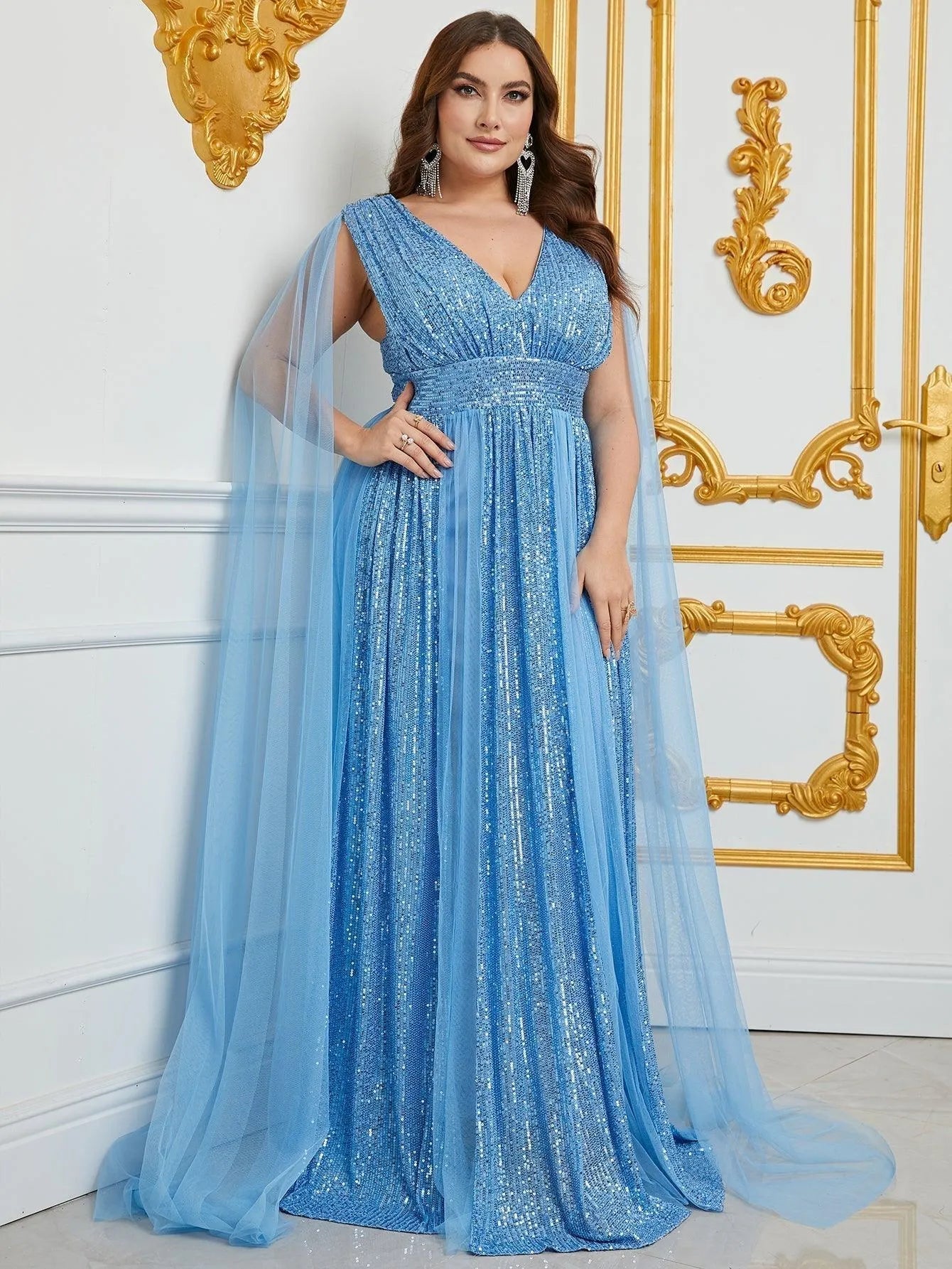 Plus Deep V Neck Sequin A Line Cape Dress - Blue / 1XL Plus Deep V Neck Sequin A Line Cape Dress - Blue / 1XL
