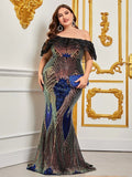 Plus Off Shoulder Ruffle Trim Sequin Mermaid Dress - Elonnashop