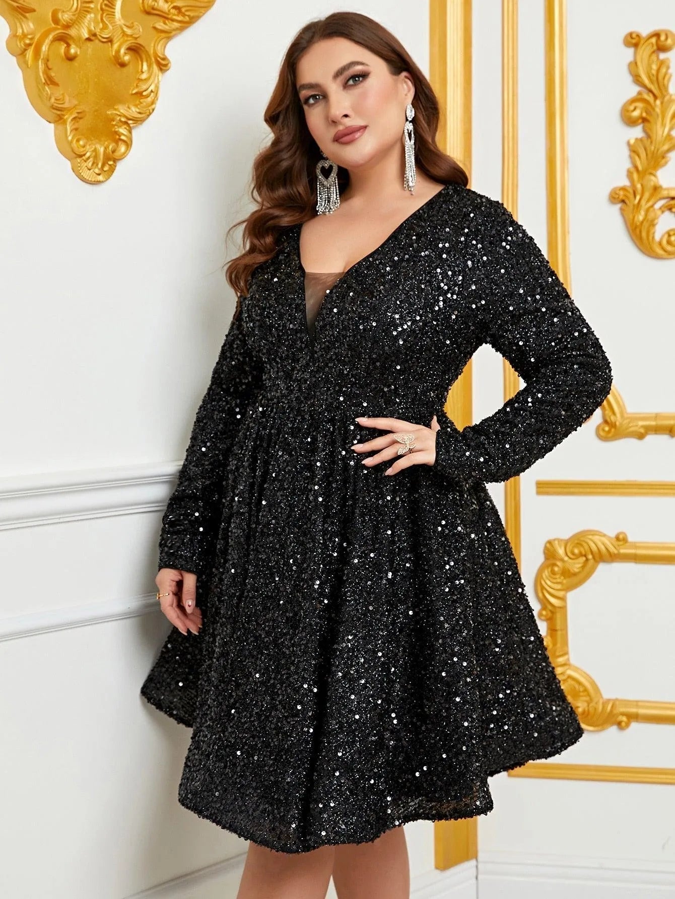 Plus Size V Neck Long Sleeve Sequin A Line Dress - Elonnashop