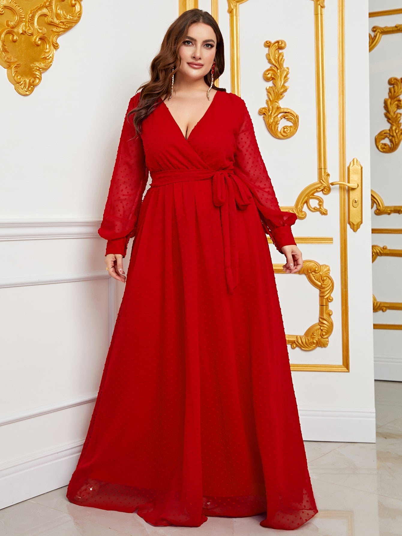 Plus Surplice Neck Long Sleeves Swiss Dot Belted Chiffon Party Dress Purple / 2XL Plus Surplice Neck Long Sleeves Swiss Dot Belted Chiffon Party Dress Purple / 2XL