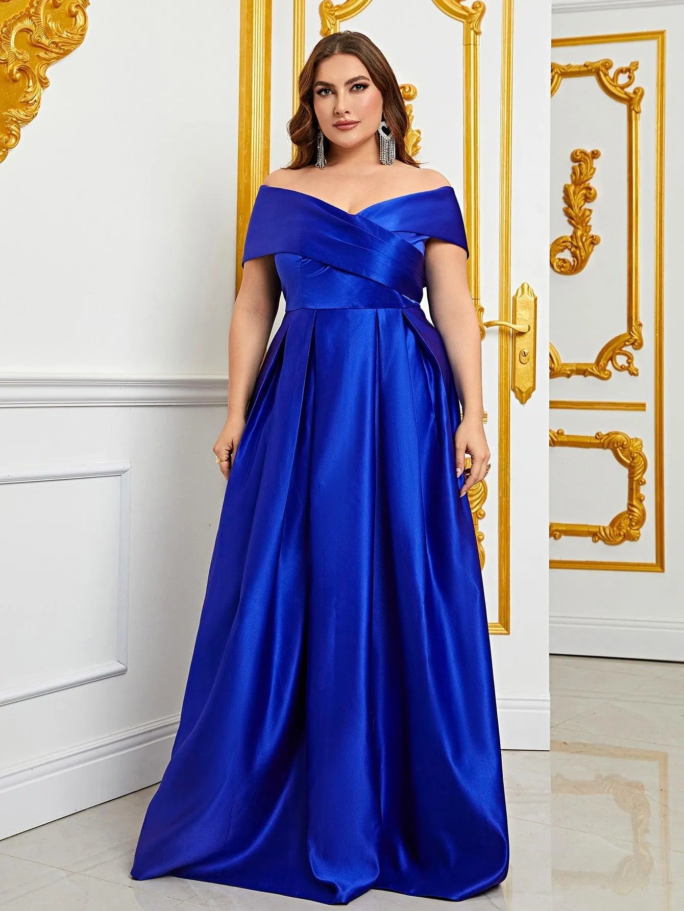 Plus Elegant Off Shoulder Satin A Line Prom Dress - Elonnashop