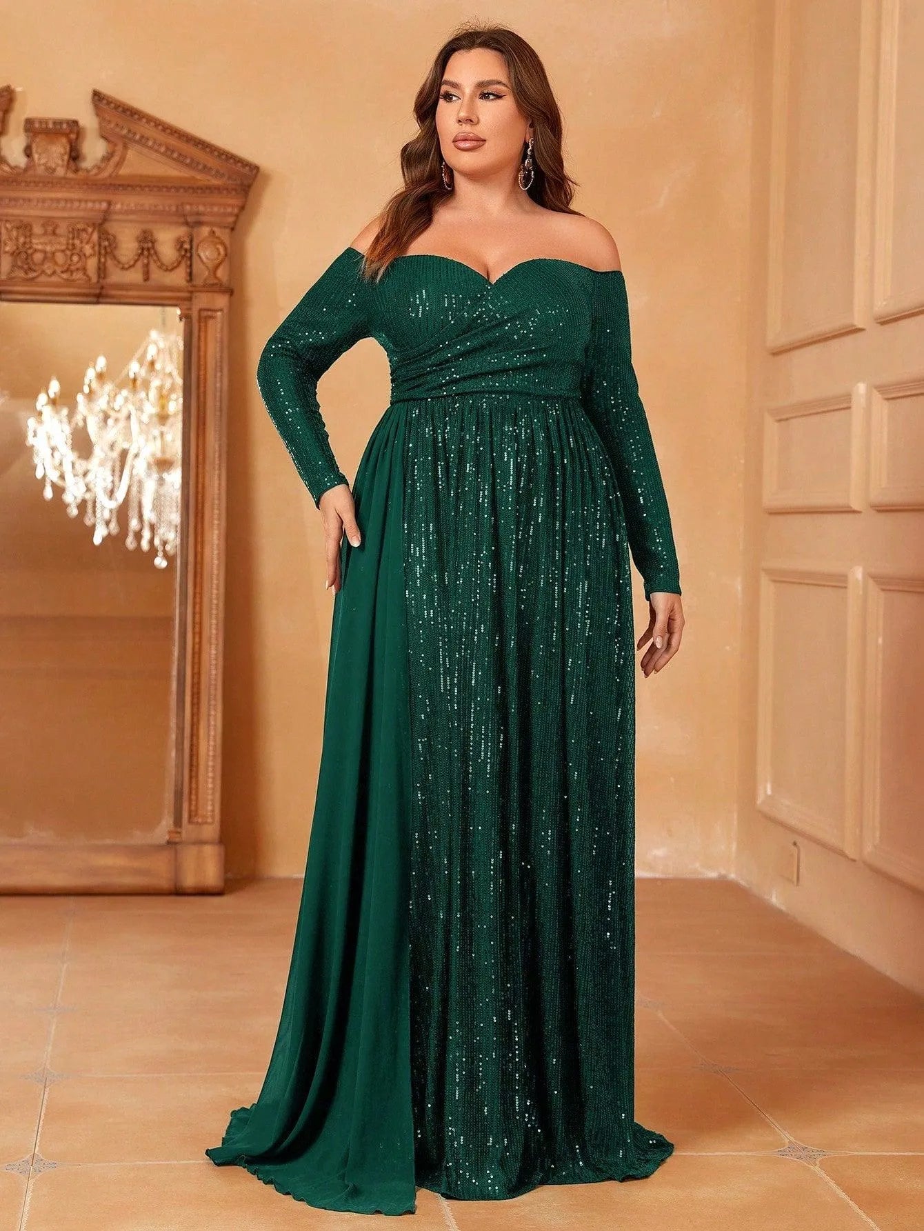 Plus Off Shoulder Draped Side Sequin Formal Dresses - Elonnashop