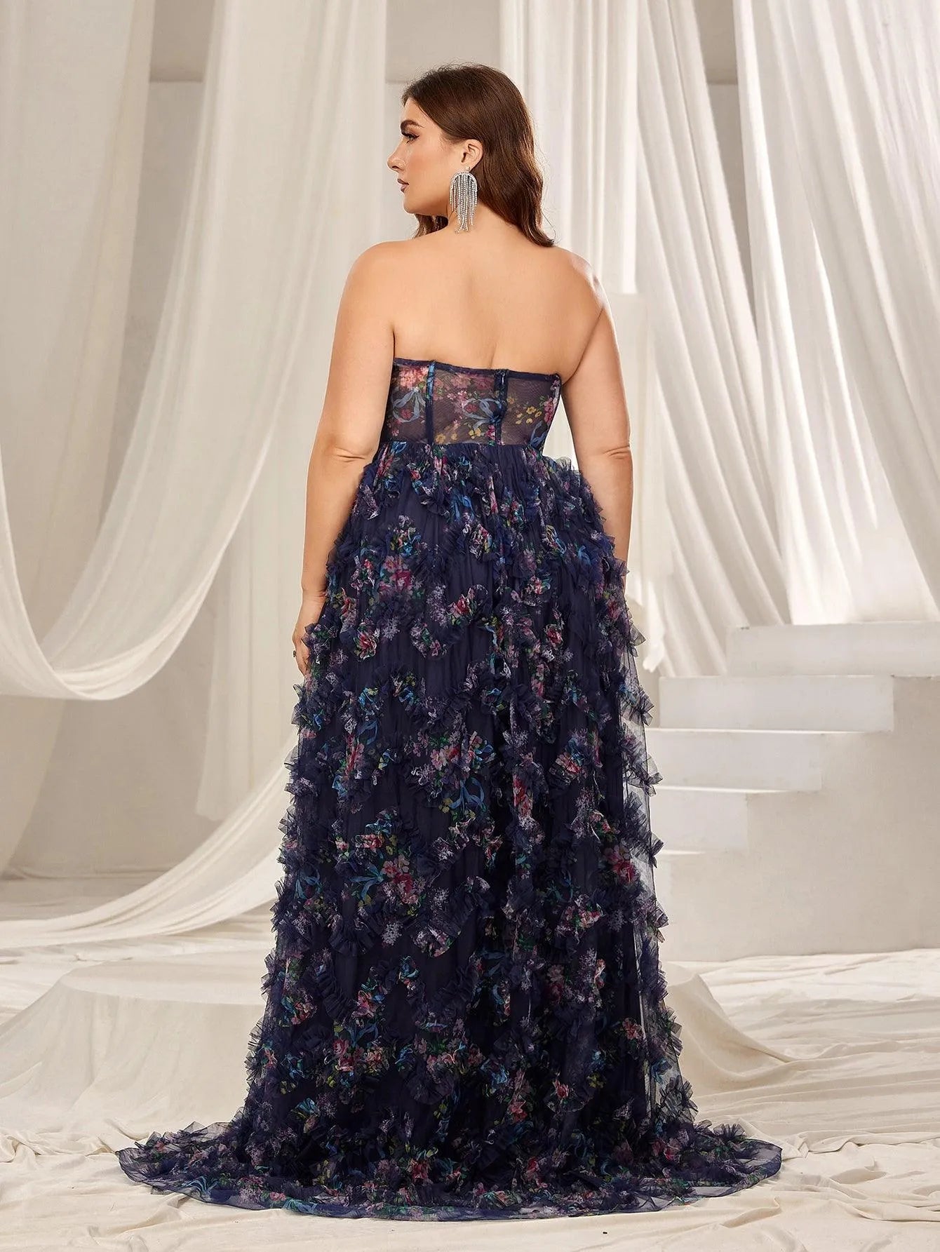 Plus Ruched Bustier Ruffle Trim Hem Floral Printed Tube Dress Teal Blue / 2XL Plus Ruched Bustier Ruffle Trim Hem Floral Printed Tube Dress Teal Blue / 2XL