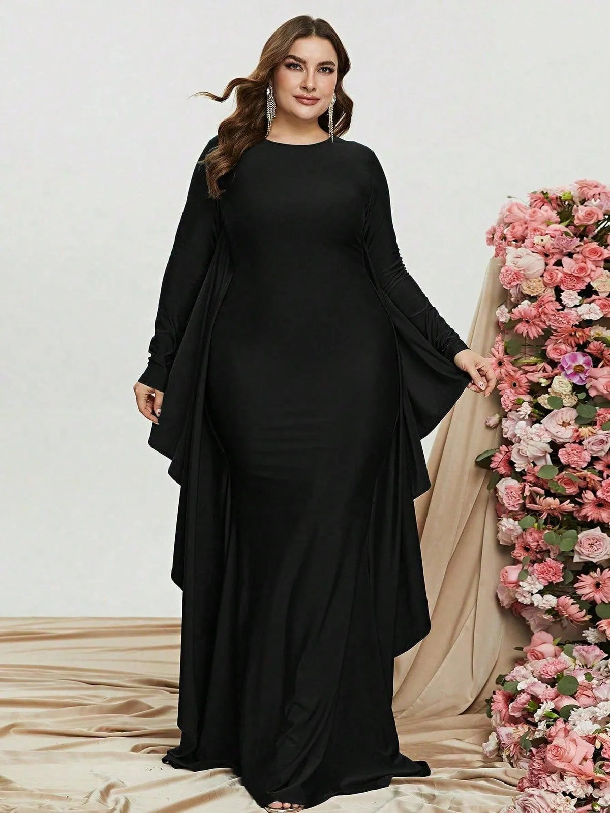 Plus Round Neck Batwing Sleeves Evening Dress Black / 5XL Plus Round Neck Batwing Sleeves Evening Dress Black / 5XL