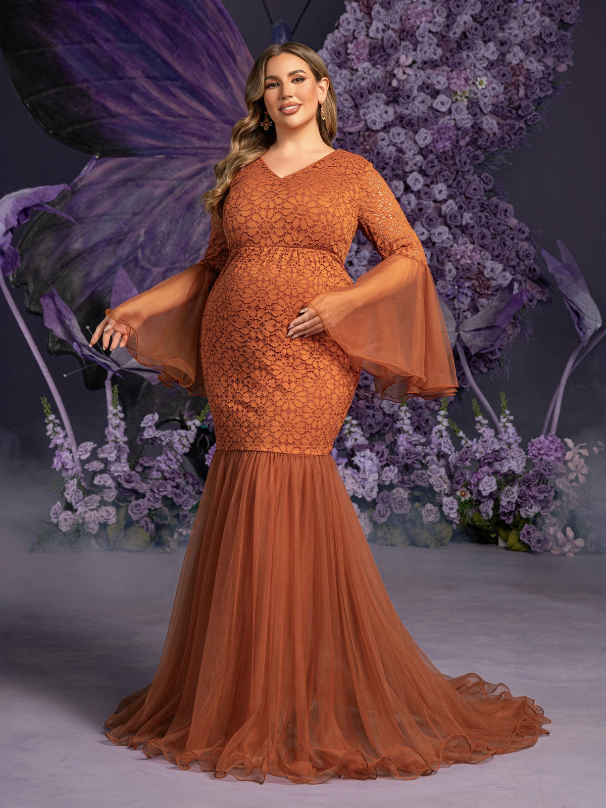Plus Maternity V Neck Flared Sleeves Mesh Contrast Lace Evening Dress Orange / 2XL Plus Maternity V Neck Flared Sleeves Mesh Contrast Lace Evening Dress Orange / 2XL