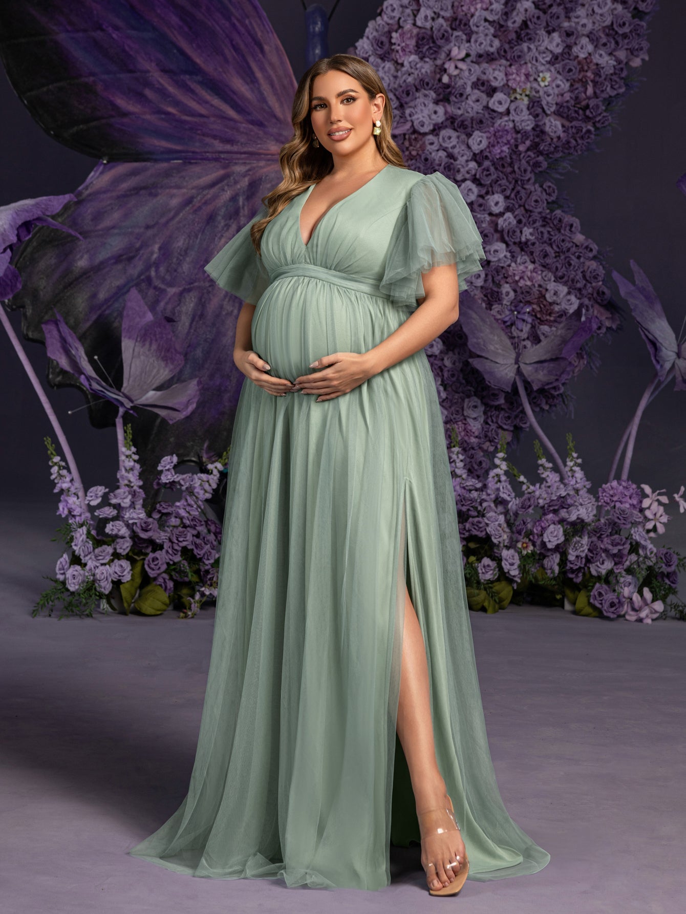 Plus Maternity  V Neck Layered Ruffle Sleeves Split Prom Dress