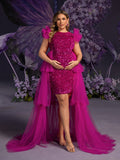 Plus Maternity Sequin Gown with Ruffled Tulle Shoulders & High-Low Skirt – Glamorous 1XL-3XL Pregnancy Photoshoot Dress