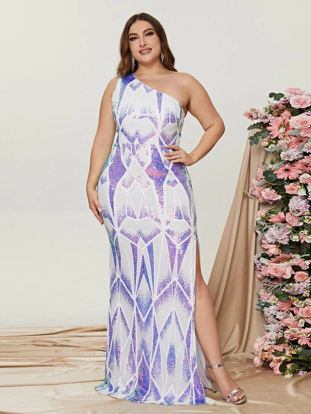 Plus Size One Shoulder Sleeveless Slit Prom Dresses - Elonnashop