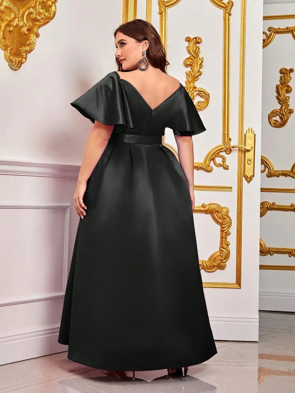 Plus Size Wedding Semi Formal Black Cocktail Dress For Chubby Plus Rhinestone Detail Ruffle Sleeve Satin Belted Dress Green 1XL Plus Size Wedding Semi Formal Black Cocktail Dress For Chubby Plus Rhinestone Detail Ruffle Sleeve Satin Belted Dress Green 1XL