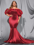 Plus Off Shoulder Cap Sleeves Satin Mermaid Dress