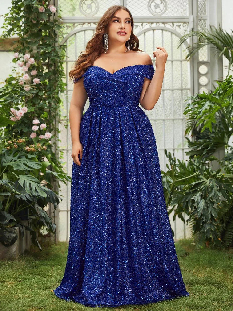 Plus Off Shoulder Sequin Prom DressCinthya - Elonnashop