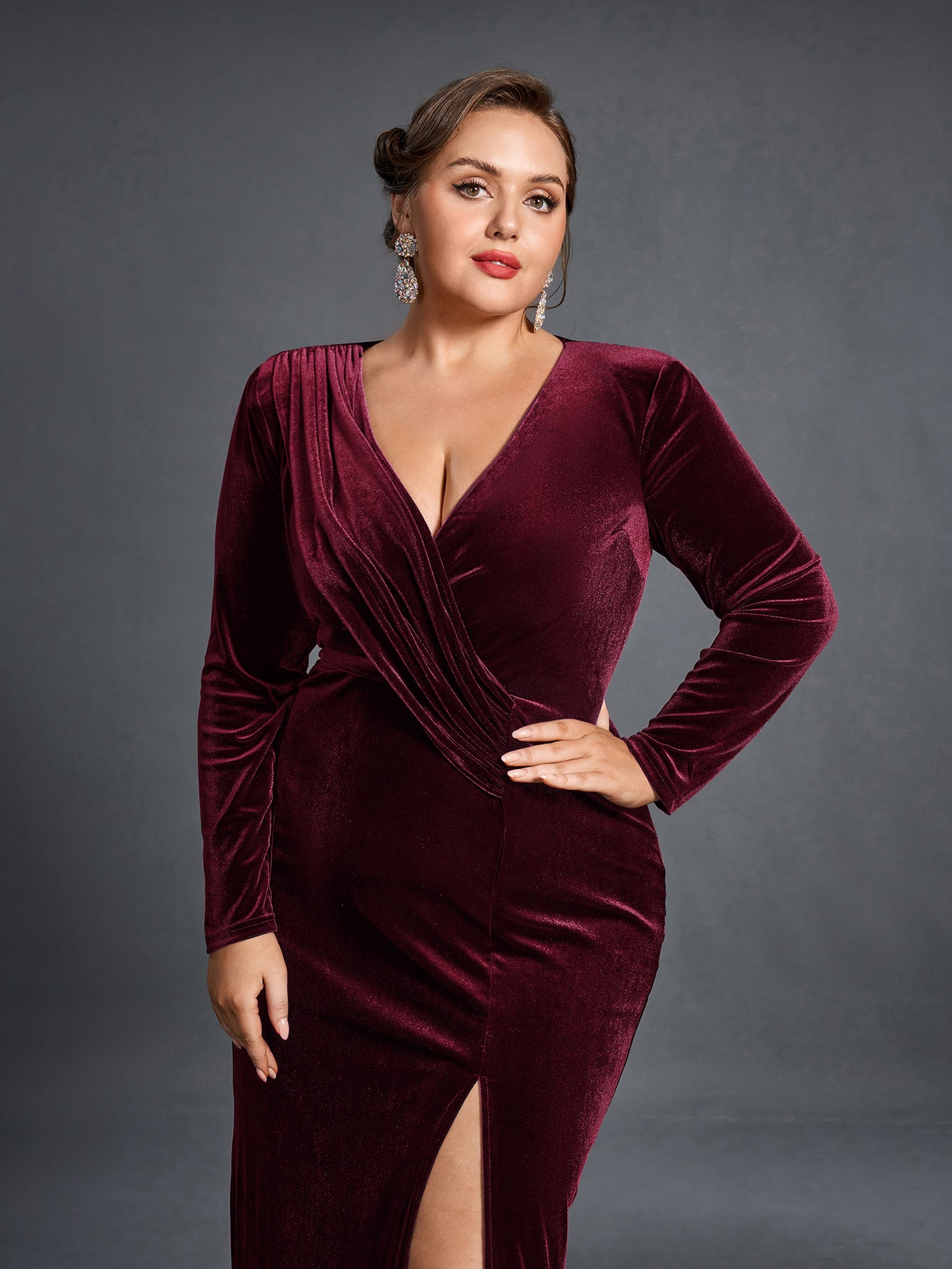 Plus Elegant V Neck Long Sleeve Velvet Slit Dress Dark Green / 4XL Plus Elegant V Neck Long Sleeve Velvet Slit Dress Dark Green / 4XL