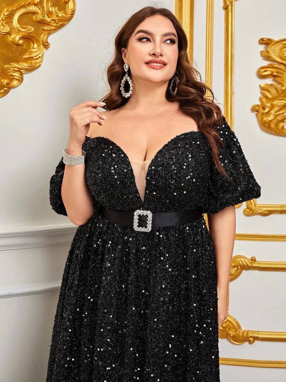 black and gold party dress plus size Caroline Plus Size Black Tie Gold Wrap V Neck Empire Waist Occasion Prom Formal Party Mother of the Bride Evening Dress Long Sleeve Gown