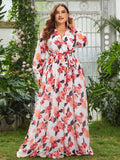 Plus Floral Elegance Long-Sleeve Maxi Dress - Elonnashop