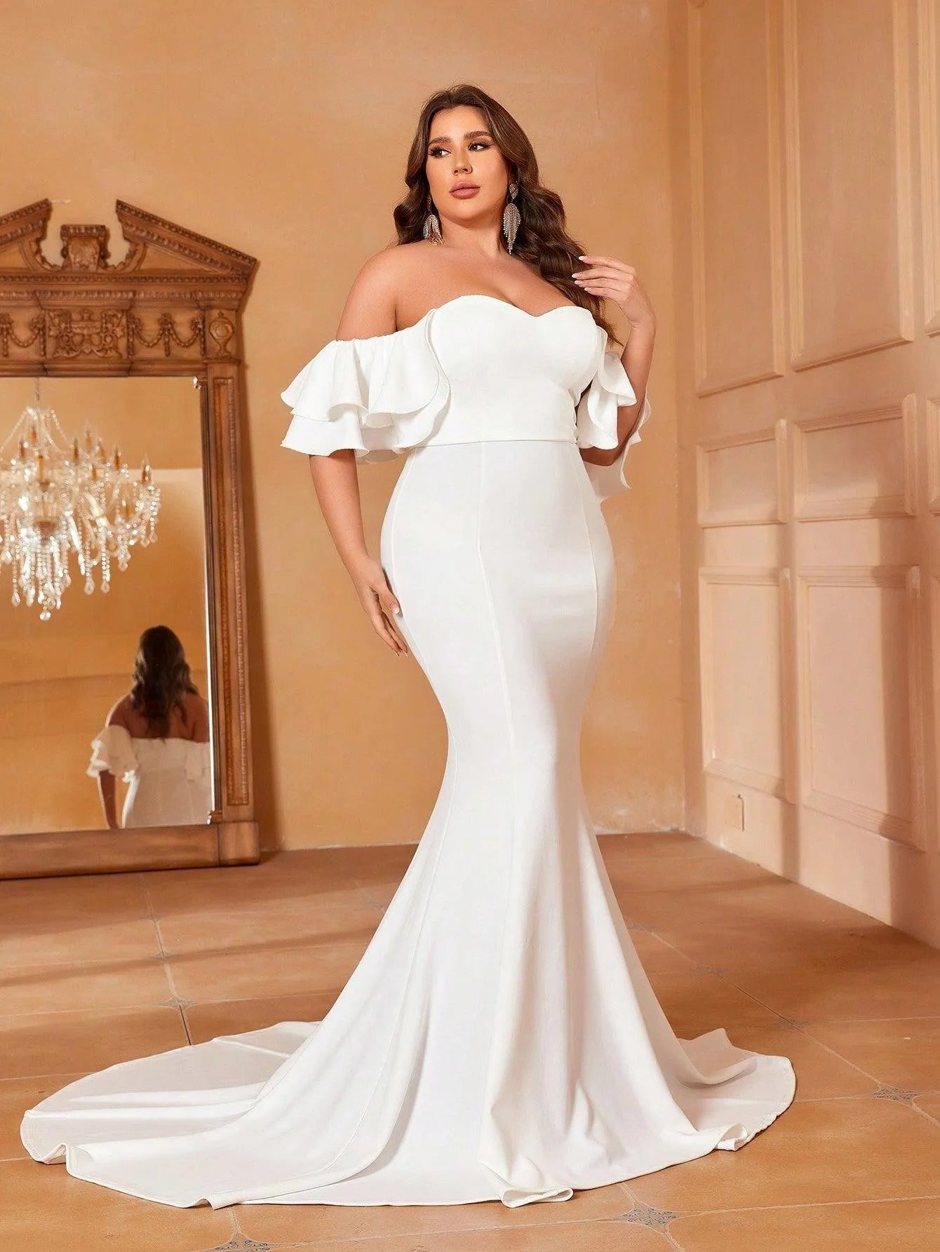 Plus Off Shoulder Ruffle Sleeve Mermaid Wedding Dress - Elonnashop