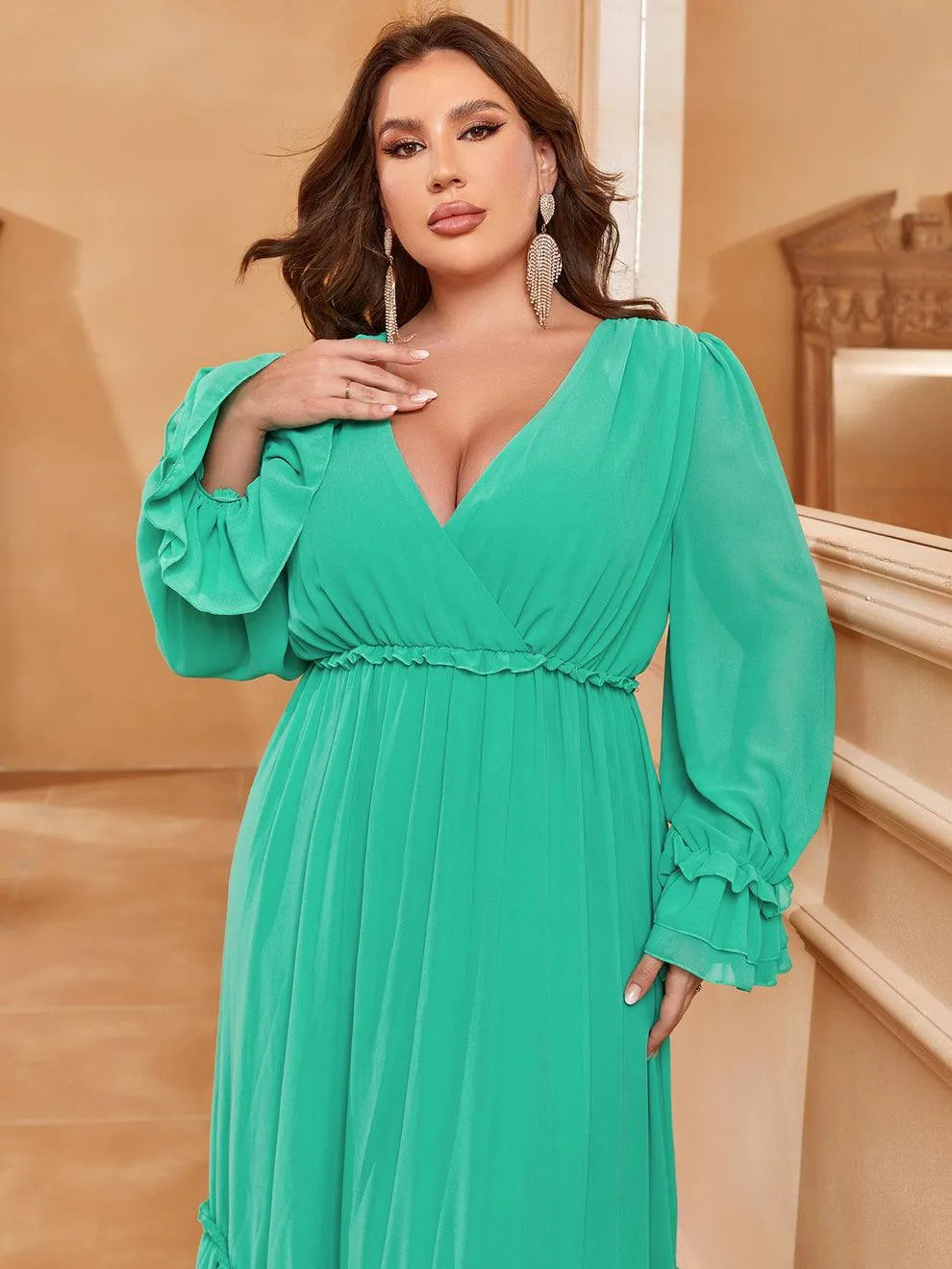 Plus Lantern Sleeves Layered Ruffle Hem Chiffon Party Dress Green / 3XL Plus Lantern Sleeves Layered Ruffle Hem Chiffon Party Dress Green / 3XL