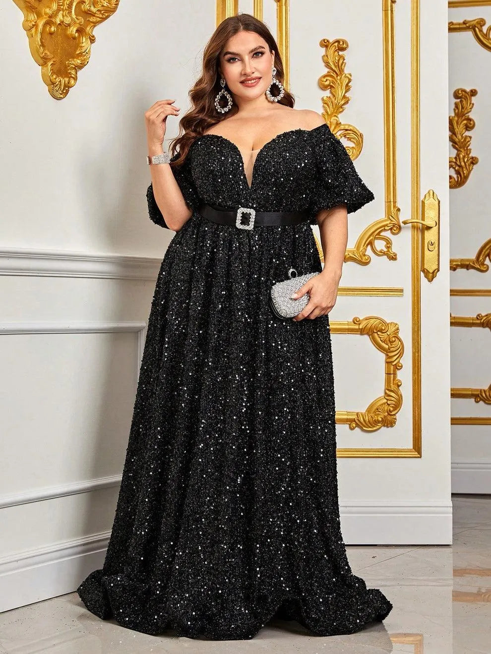 Plus Off Shoulder Puff Sleeves Sequin Formal Dress - Elonnashop