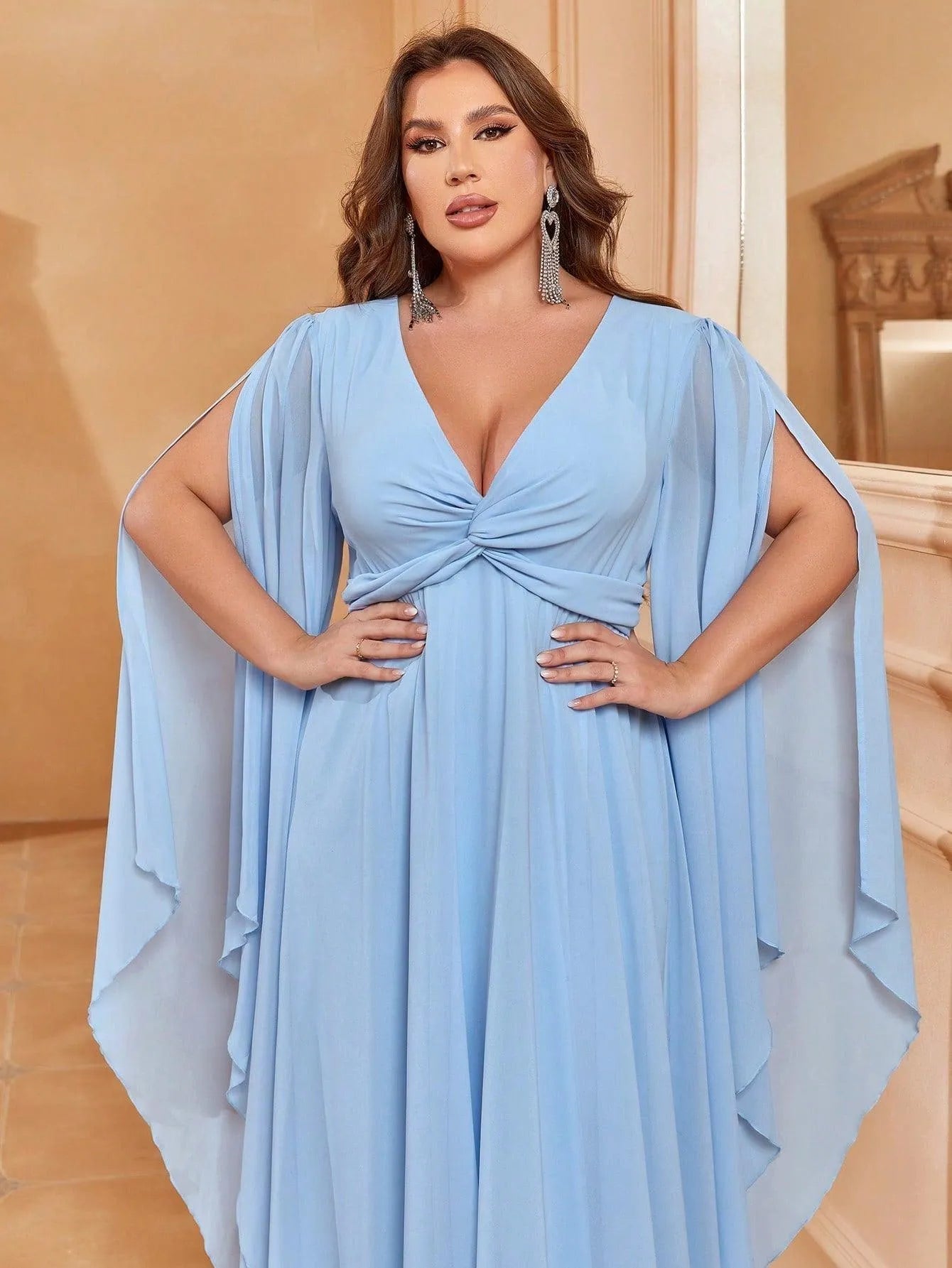 Plus Deep V Neck Cape Sleeves Chiffon Dresses - Elonnashop