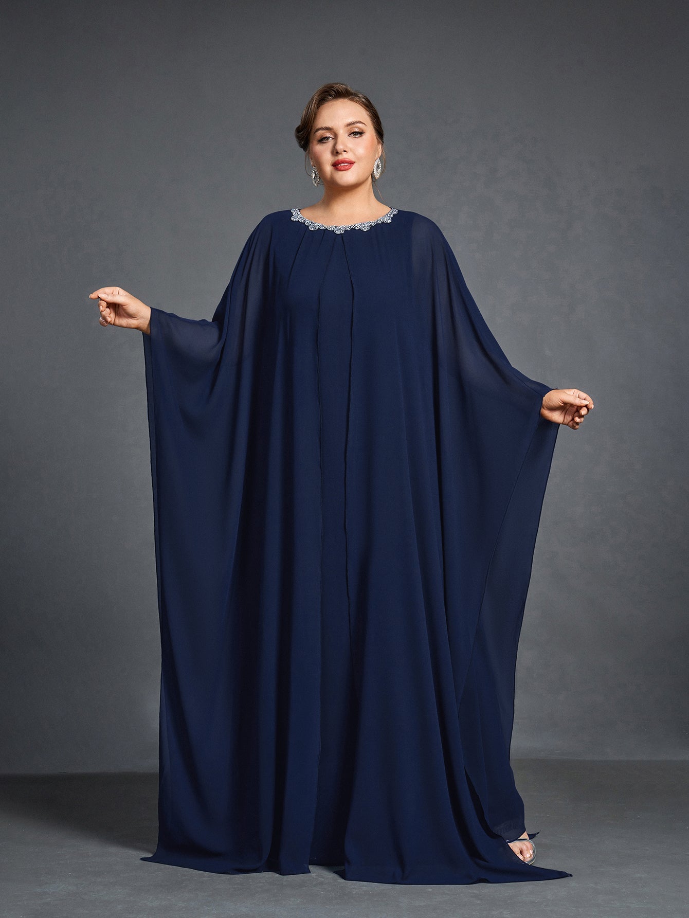 Plus Womens' Embellished Round -Neck Formal Dress with Sheer Chiffon – Curvepretty