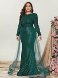 Elegant Long Sleeves Sequin Mermaid Dresses With Mesh Layered On Waist