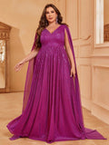 Plus V Neck Cloak Sleeve Sequin A Line Dresses