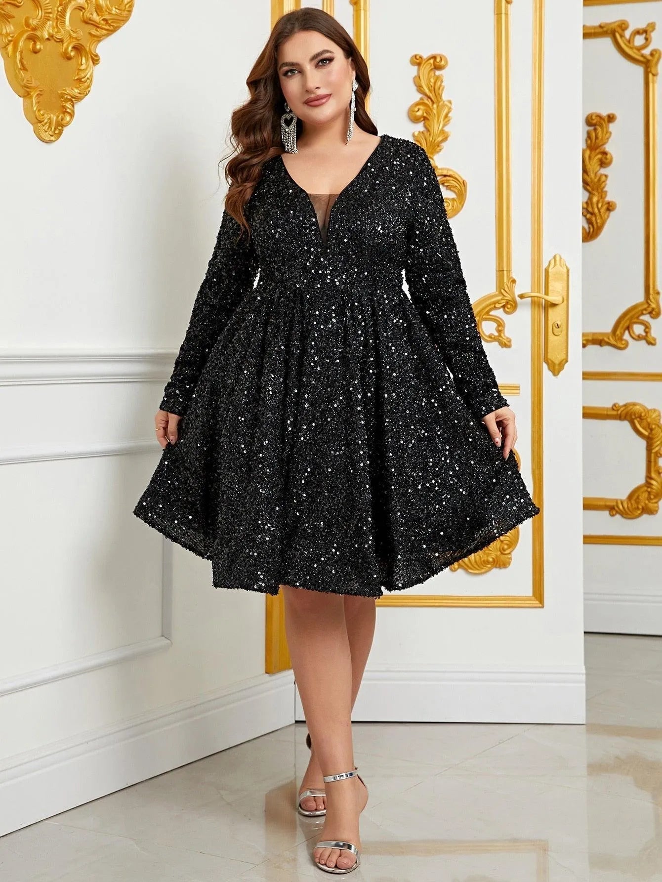 Plus Size V Neck Long Sleeve Sequin A Line Dress - Elonnashop