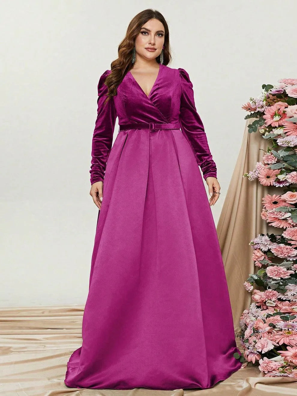 Plus V Neck Long Sleeve Belted Satin A Line Dress - Elonnashop