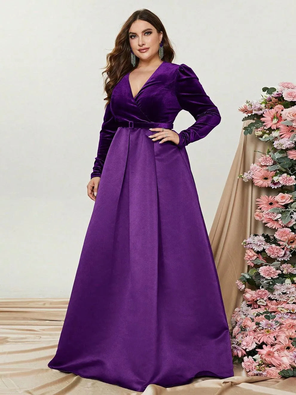 Plus V Neck Long Sleeve Belted Satin A Line Dress - Elonnashop