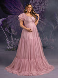 Plus Maternity Ruched Bust Layered Hem Mesh Ruffle Cami Dress