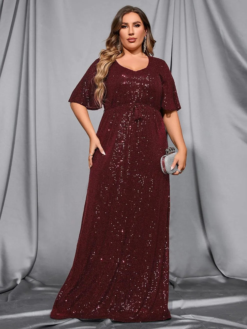 Plus Butterfly Sleeve Sequin Prom Dress - Elonnashop