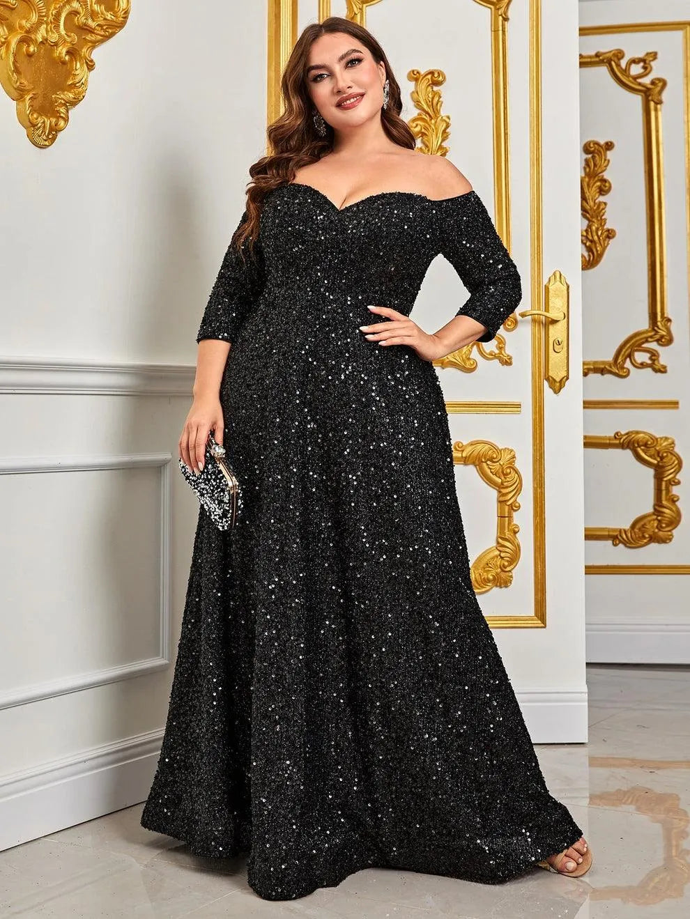 Plus Off Shoulder 3/4 Sleeves Sequin A Line Dress Black / 5XL Plus Off Shoulder 3/4 Sleeves Sequin A Line Dress Black / 5XL