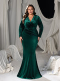 Plus V-Neck Long Sleeve Velvet Mermaid Evening Dress