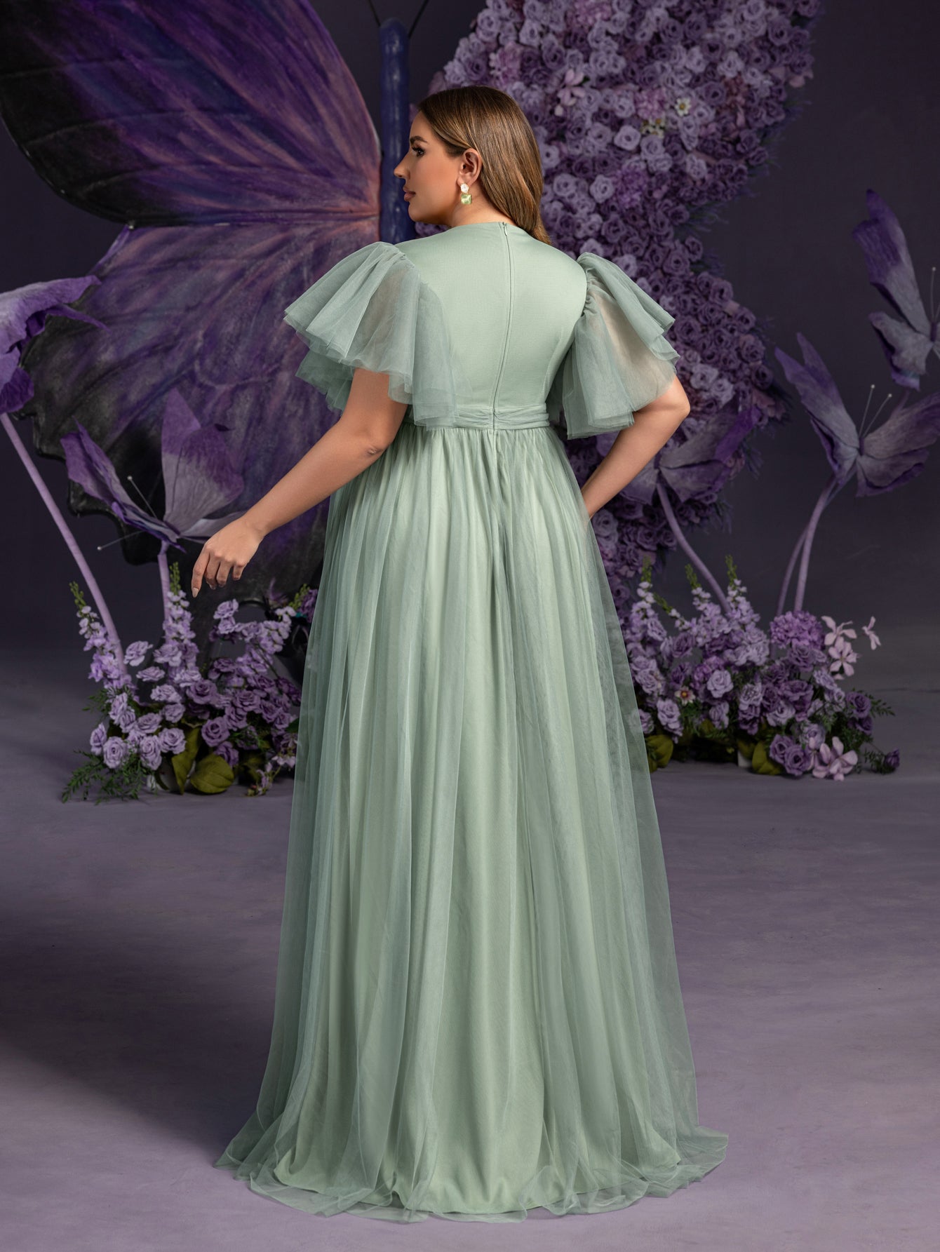 Plus Maternity  V Neck Layered Ruffle Sleeves Split Prom Dress