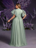 Plus Maternity  V Neck Layered Ruffle Sleeves Split Prom Dress