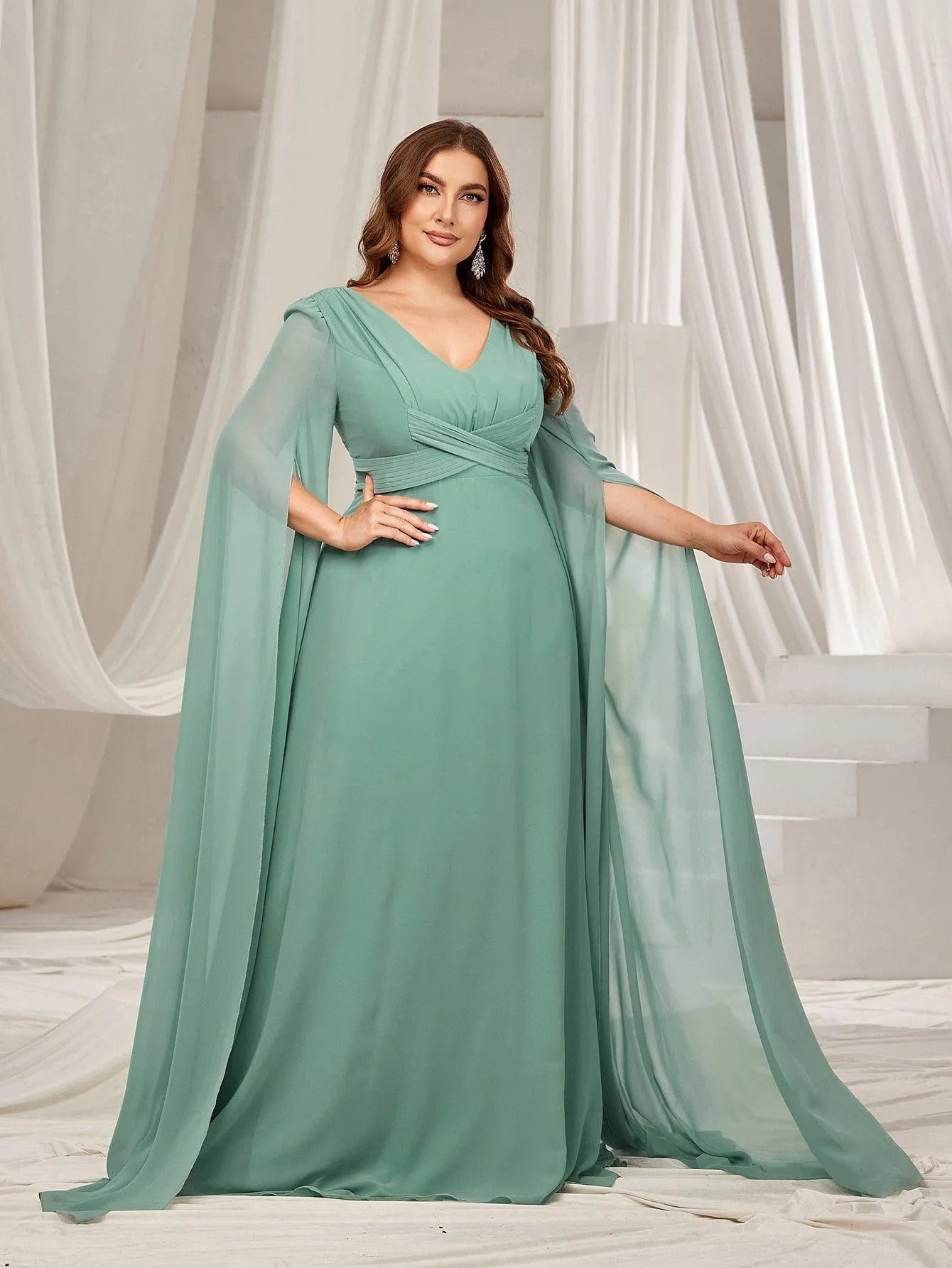 Plus Solid Ruched Front Extra-Long Sleeves Chiffon Prom Dress Green / 2XL Plus Solid Ruched Front Extra-Long Sleeves Chiffon Prom Dress Green / 2XL