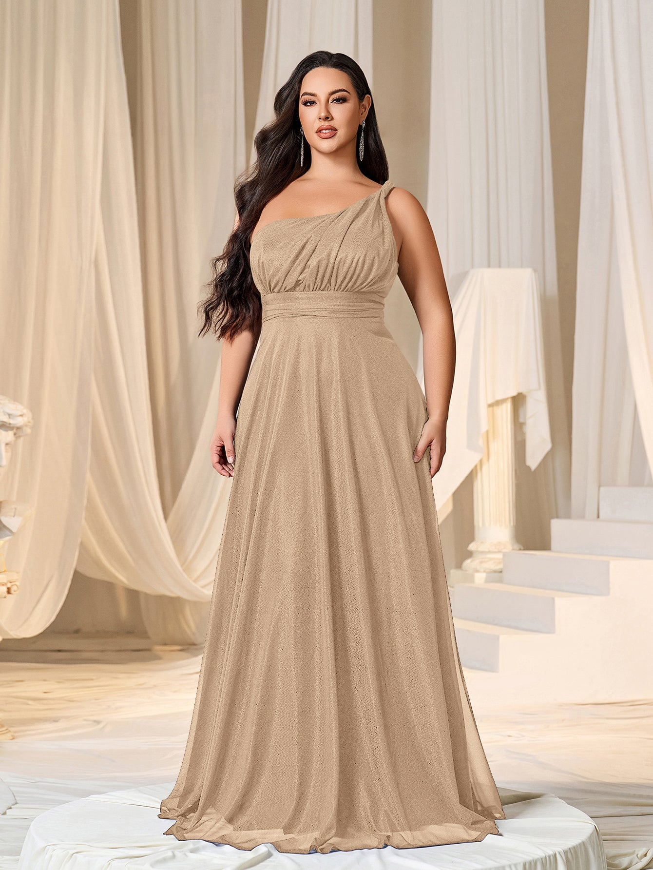Plus One Shoulder Sleeveless Bridesmaid Dress Champagne / 4XL Plus One Shoulder Sleeveless Bridesmaid Dress Champagne / 4XL