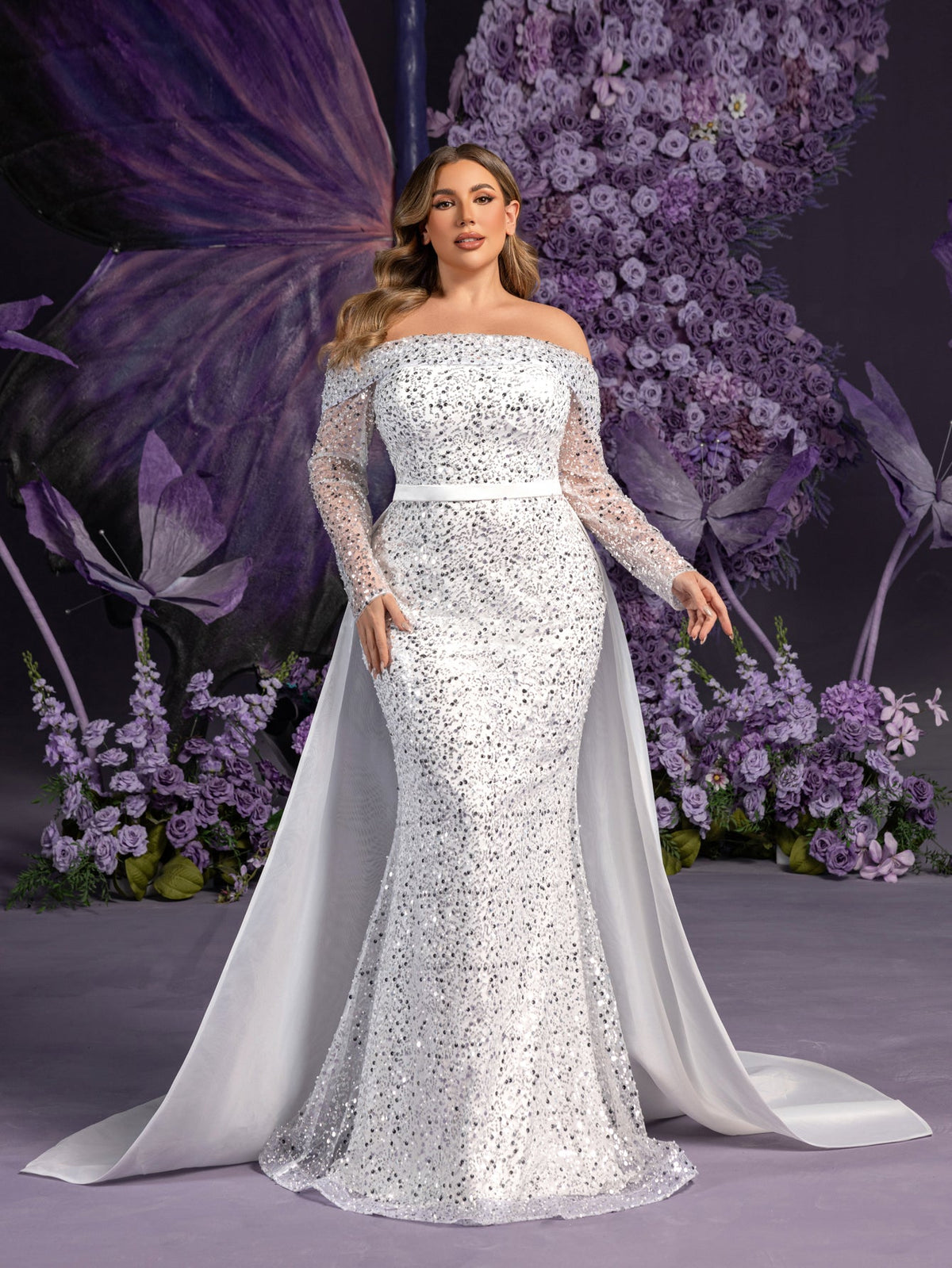 off the shoulder sheer dress Off Shoulder Sheer Corset Tiered Gown by GLS Gloria GL3453 L / Smoky Blue