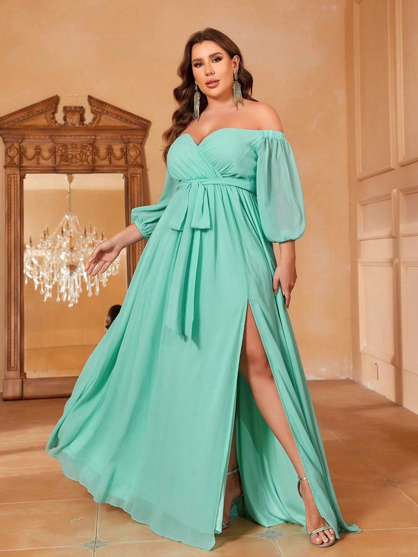 Plus Off Shoulder Split Thigh Belted Chiffon A Line Dress - Elonnashop