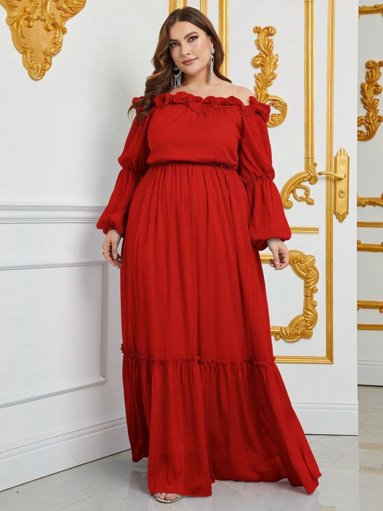 Plus Off Shoulder Ruffle Trim Chiffon Dress - Elonnashop