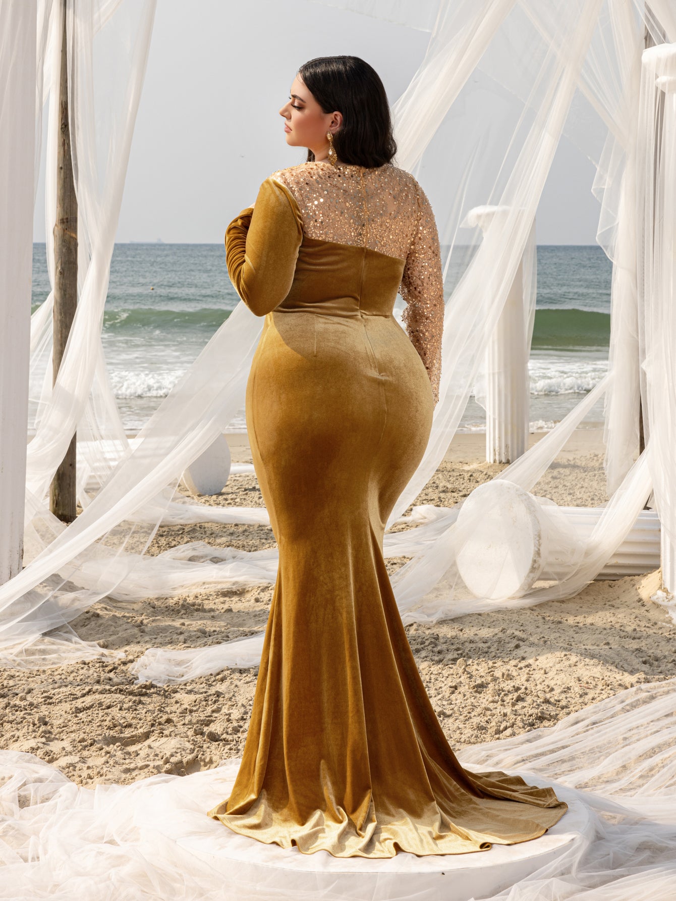 Plus Elegant Asymmetrical Neck Contrast Sequin Mermaid Hem Velvet Eve Gold / 1XL Plus Elegant Asymmetrical Neck Contrast Sequin Mermaid Hem Velvet Eve Gold / 1XL